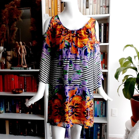 Meghan Floral Striped Dress Cut-Out Shoulder P921 - Picture 1 of 7